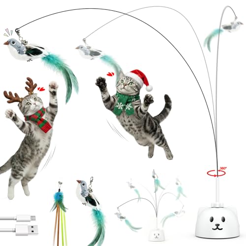Interactive Cat Toys for Indoor Cats: Upgraded 360° Automatic Spin Flying Bird Feather Wand with Silicone Protected Rod Safe Play, Strong 8cm Suction Cup, USB-Rechargeable for Bored Kittens and Adult