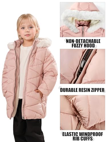 SOLOCOTE Girls Winter Puffer Coat with Faux Fur Hood Sherpa Lined Parka Water-Resistant Windproof Quilted Jacket Pink 11-12 Years - Thumbnail 5