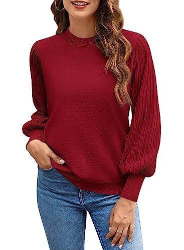 Ybenlow Women's 2024 Casual Crewneck Pleated Lantern Long Sleeve Pullover Sweater Loose Ribbed Knit Jumper Tops4