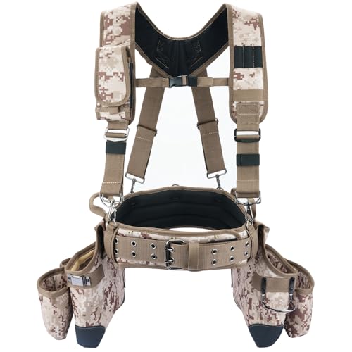 MELOTOUGH Camo Tool Belt with Suspenders Camouflage Tool Pouch Supenders Framers Combo Apron Tool Belt Construction Tool Bag Suspenders Heavy Duty Carpenter Suspension Rig for Electrician(Kahki Camo)
