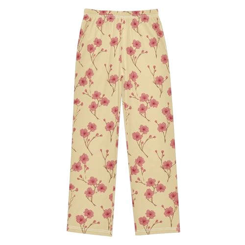 Pajama Pants Lounge Sleep PJ Bottoms Sleepwear Elastic Waist Drawstring S Cherry Blossom Yellow