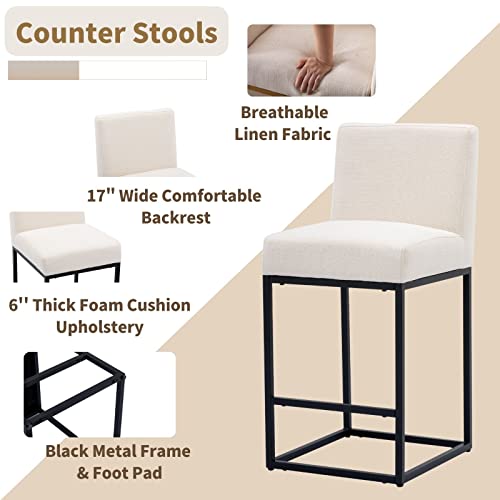 Image of HNY Modern Counter Height Bar Stools Set of 6, Linen Upholstered Kitchen Island Stools with Backrest, 27 Inch Bar Stools with Black Metal Frame, Cream