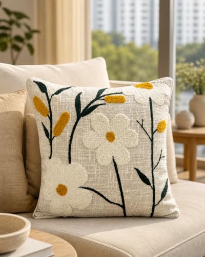 Image of Prista Hand Embroidered Cushion Covers Set of 2 | Minimal White Floral Tufted Design | 16x16 Inch Boho Sofa Covers | Cotton | 40 cm x 40 cm | Hidden Zipper | Living Room Bedroom Decor (Minimal Floral)