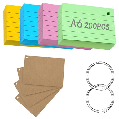 moinkerin Schede A6 lineate 200 pezzi multicolori con 3 anelli