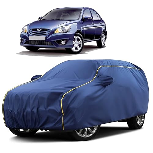 Image of Sulfar 100% Water Resistant Car Body Cover Compatible with Mirror for Hyundai Verna Transform (Triple Stitched, Full Bottom Elastic, Blue Taffeta with Yellow Piping)