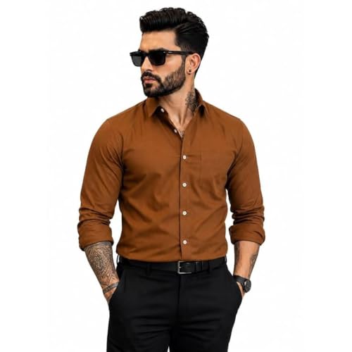 Men's Stylish Brown Full Sleeve Button-Down Regular Fit Shirt | R...