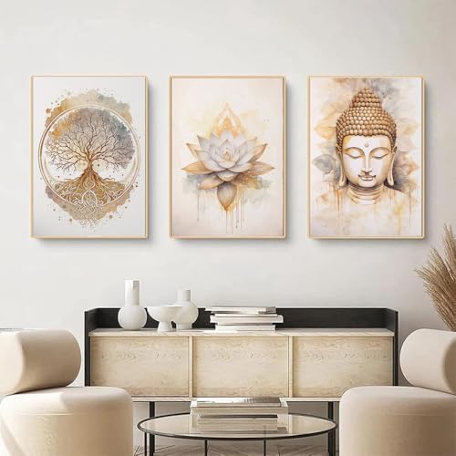 BeiYiHo 3 Tableau Decoration Murale Zen Affiche Bouddha Arbre de Vie Fleur Lotus Art Poster Mural...