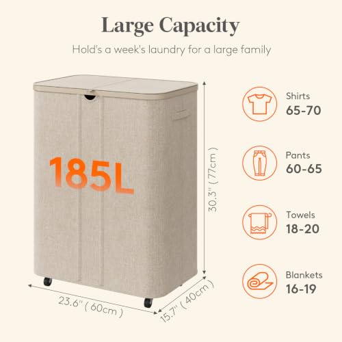 Image of Lifewit 185L Large Laundry Basket with Wheels and Lid, 3 Sections, Beige | Tall Rolling Laundry Hamper with 3 Removable Bags, Collapsible Dirty Clothes Hamper for Bedroom, Bathroom, Laundry Room, Dorm
