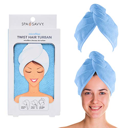 Spa Savvy: 100% Microfiber Hair Turban Ultra Absorbent, Fast Drying Hair Turban Soft, Anti Frizz Hair Wrap Towels for Women Wet Hair, Curly, Longer, Thicker Hair (Blue)