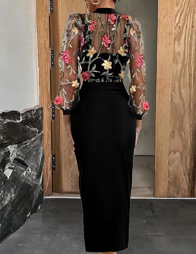 Women's Embroidered Floral Mesh Splicing Long Sleeve Round Neck Skinny Halter Dresses4