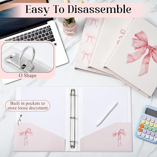 ReliThick 4 fichários fofos de laço rosa com 3 anéis, anel redondo de 2,5 cm com bolsos internos, fi