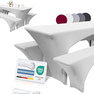 Beautissu Edles Stretchhussen Set 3tlg. Victoria - Elastische Hussen für Bierzeltgarnitur 220x70 cm – Festliche Husse Biertisch + 2 Bierbank - Bierzeltgarnitur Hussen in Weiß