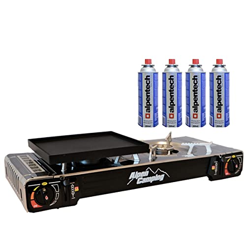 ALPEN CAMPING - Réchaud 2 feux Gaz 4600W + Plancha Allumage piezo Portable + 4 cartouches 227 gr butane