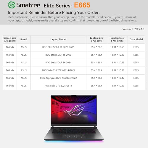 Image of Smatree Laptop Sleeve for 16 inch ASUS ROG Strix Scar 16 2025 /2024 /2023, for 16 inch ROG Strix G16 2025 /2024, for ASUS ROG Duo 16 2023 /2022, Case with Pocket, Patented Shockproof Design (E665)