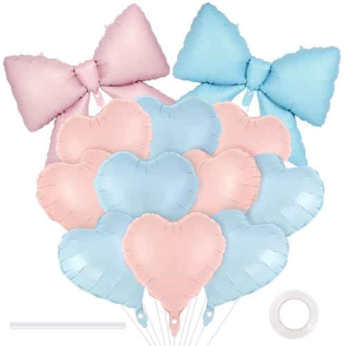 Image of 12 Pcs 18 Inch Heart Balloons and 38 Inch Bow Balloons, Large Foil Bow Heart Balloon Bow Party Decorations for Birthday Baby Shower Valentines Wedding Party