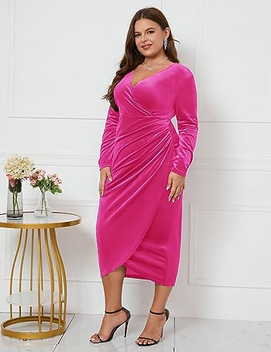 Image of ZOMVA Plus Size Velvet Wrap Dress Ruched Bodycon Dress Long Sleeves Ruffle Long Elegant Party Wedding Guest Cocktail Holiday