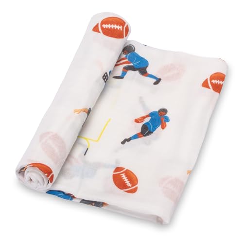 Image of LollyBanks Swaddle Blanket 100% Muslin Cotton, 47 x 47 inches Soft Breathable Muslin Baby Swaddles for Boys, Baby Essentials, Registry and Gift (Football Print), Touchdown