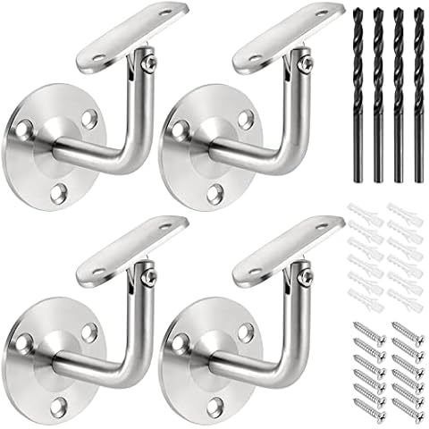 SEHOI 4 Pack Adjustable Handrail Brackets for Staircase, Brushed Stainless Steel Handrail Bracket with Base Flange Cover and Mounting Hardware, Stair Railing Wall Hanger Handrail Holder Cover