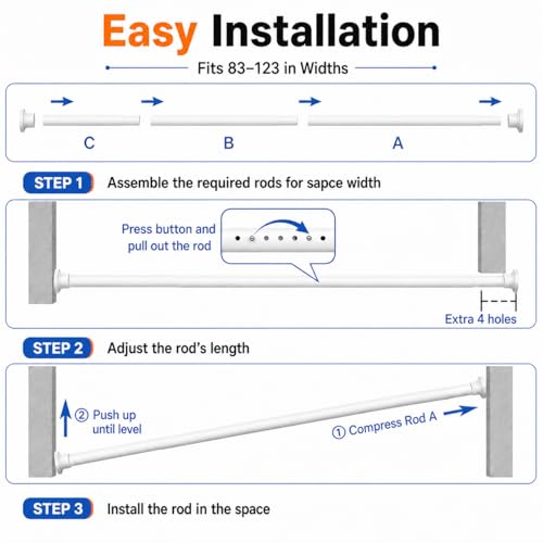 Image of ALLZONE Tension Curtain Rod for Window, 2 Pack 83-123 Inches, Heavy Duty Curtain Rods No Drilling, Non-Slip Bathroom Shower Tension Rod, Renter Friendly, Adjustable, Spring Loaded, Extra Long, White