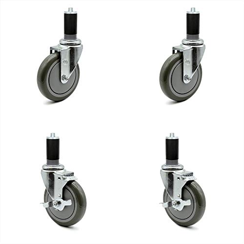 Polyurethane Swivel Expanding Stem Caster Set Of 4 W/5" X 1.25" Gray Wheels And 1-1/2" Stems - Includes 2 With Top Locking Brake - 1400 Lbs Total Capacity - Service Caster Brand #TOP16
