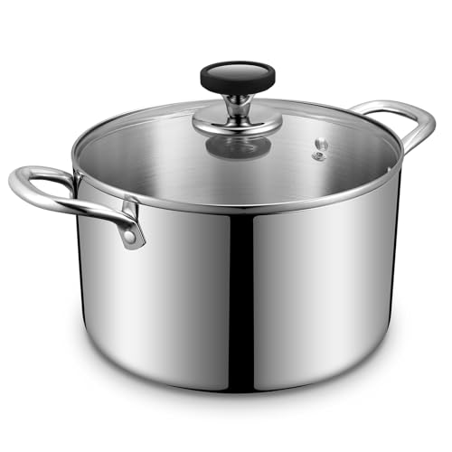 Tri-Ply Stainless Steel Stock Pot, 6.5 Quart Heavy Duty Induction Cooking Pot with Visible Lid for...