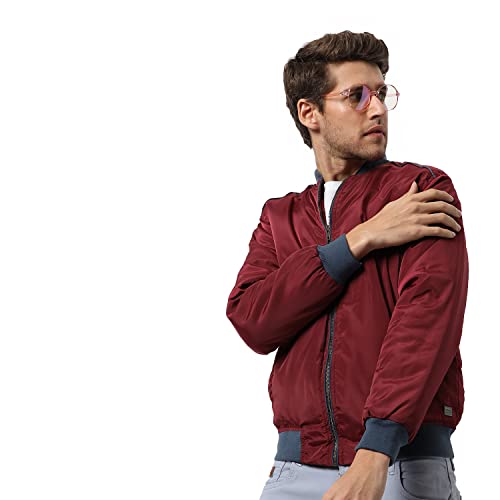 Image of Campus Sutra Men's Maroon Solid Puffer Regular Fit Bomber Jacket For Winter Wear | Low-Cut Standing Collar | Full Sleeve | Zipper | Casual Jacket For Man | Western Stylish Jacket For Men