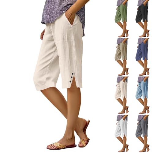 Pedal Pushers for Women Straight Leg Linen Capri Pants Relaxed Fit Cover Up Elastic Waist Bermuda Shorts with Pockets
