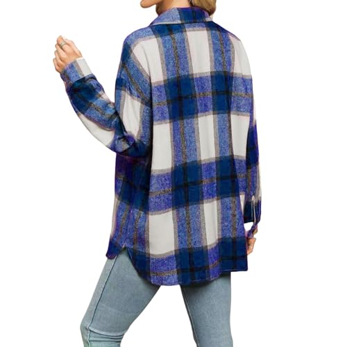 Chic Navy Flannel Shirt for Women – Cozy Cropped Plaid Shacket with Button Details and Pockets - Image 4