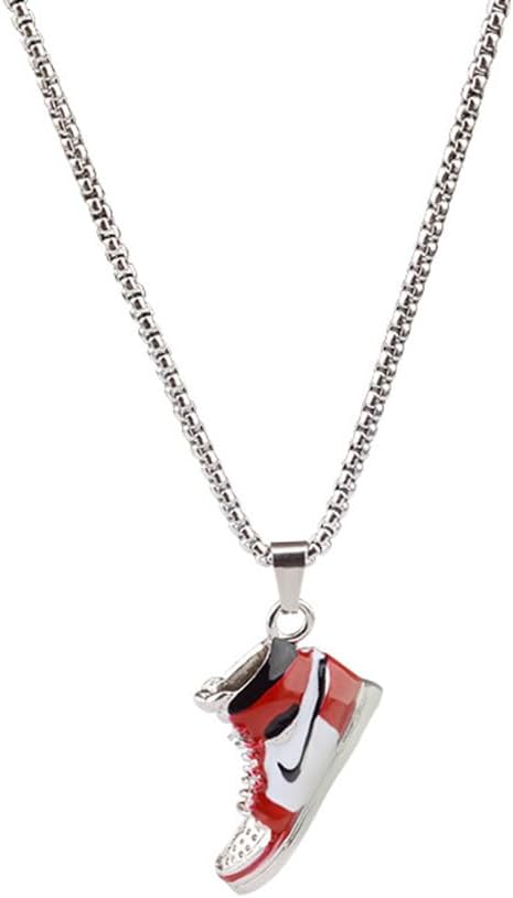 โ Sports Shoe Necklace, Titanium Steel Necklace, Hip-Hop Cool Jumpy Couple Sweater Chain, Men's Sports Shoe Necklaces, Hip-Hop Punk Unisex (Red/Silver)