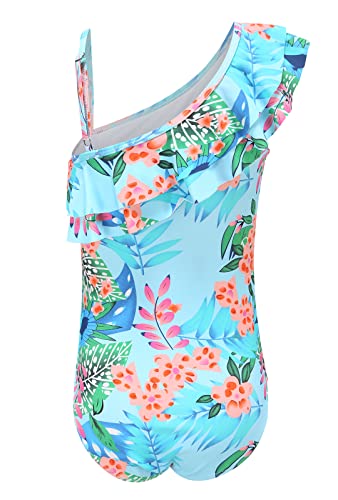 Image of Girls One Piece Swimsuits One Shoulder Ruffle Bathing Suit Kids Hawaiian Floral Swimwear 3-16 Years