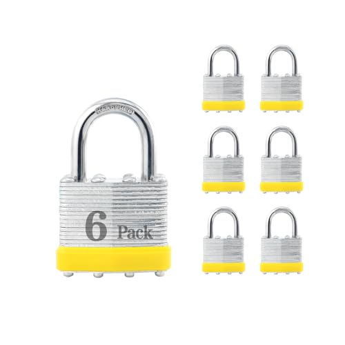 Image of ZonRo Locks Laminated Steel Keyed Padlocks,Keyed Alike Locks, 1-9 /16 inch Wide,Normal Shackle Padlocks, Pack of 6,Yellow Hoop, for Hasp Latch, Sheds, Fences, Storage Locker, School, Gym