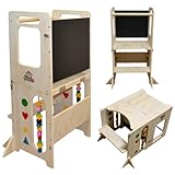 Torre de Aprendizaje Montessori 4 en 1 Pitifis | Taburete de Cocina Infantil con Pizarra Escritorio y Juegos Educativos | Madera Sostenible y Diseño Reforzado 90X31X45 CM