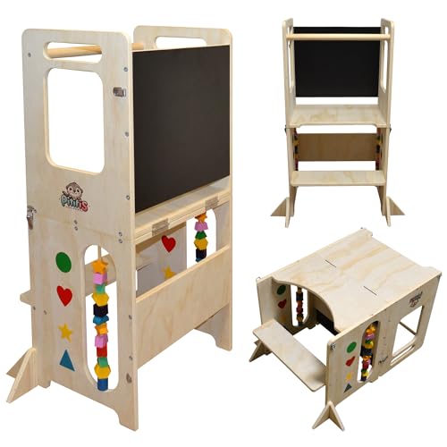Torre de Aprendizaje Montessori 4 en 1 Pitifis | Torre de Aprendizaje para Niños con Pizarra y Escritorio | Taburete Cocina Infantil de Madera | Diseño Estable y Seguro | 90 x 31 x 45 cm