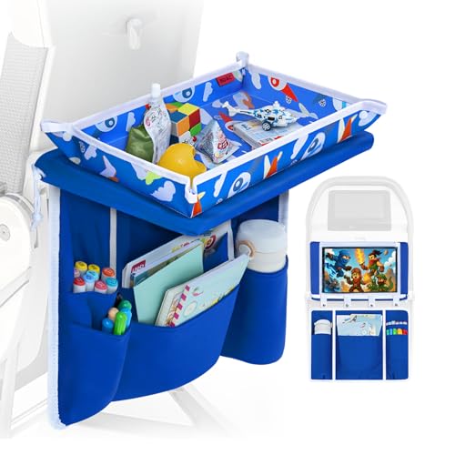 Adjustable Kids Airplane Tray Cover with Pocket Organizer Snack & Toy Pockets Toddler Airplane Travel Essentials Travel Tray for Plane Train Clear Touch Tablet Pocket Carrying Strap Plane Print