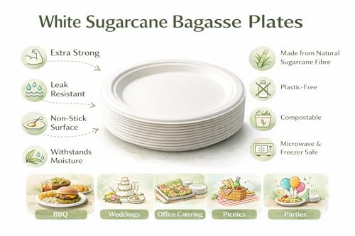 1ABOVE 50 Pack Extra Strong White Disposable Bagasse Plates, 100% Compostable And Biodegradable, Made From Sugarcane Fibre, Perfect For Bbq, Wedding, Office, Picnics And Parties (9 Inch) - 5