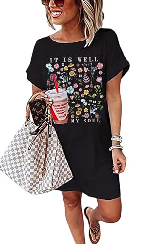 Image of Vintage Rock Country Music Dress for Women Rock Concert Band Graphic Tshirt Casual Letter Print Short Dress(Black-103,Large)