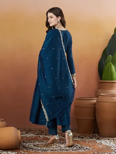 Image of MOKOSH Women's Silk Anarkali Kurta Pant with Dupatta | Anarkali Kurta Set | Embroidered | Ethnic Wear | Notch Neck Full Sleeve