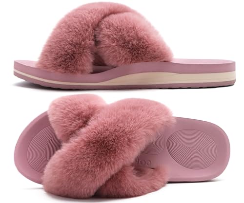 Image of COFACE Womens Fuzzy Slides Fluff Faux Fur Cross Slippers Open Toe Yoga Mat House Slipper Sandals With Arch Support For Indoor /Outdoor