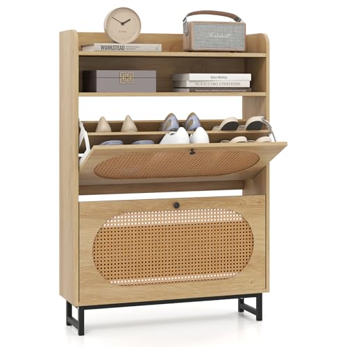 COSTWAY Schuhschrank 2 Klappen, Schuhkipper schmal mit Rattantüren...