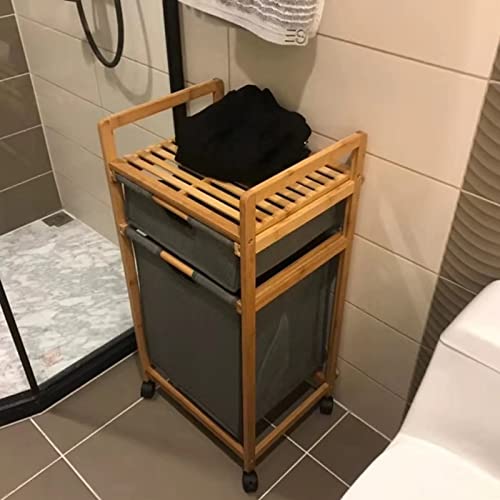Multi-Function Storage Trolley Organizer Cart Bamboo 2 Compartment Laundry Basket with Pull Out Hamper & Storage Shelf, Nursery Laundry Sorter Cart with Wheels for Boys Girls Clothes