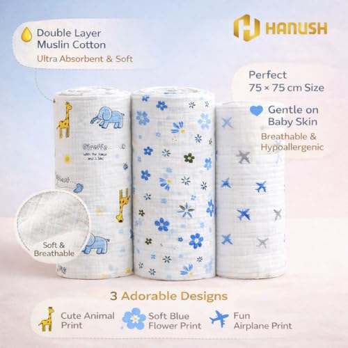 Image of HANUSH Muslin Baby Bath Towel (Pack of 3)|100% Organic Muslin Cotton| Newborn Swaddle Wrap (75 * 75 cm)| Highly Absorbent Ultra Soft Breathable Lightweight Towels for Infants, Toddlers, Boys & Girls