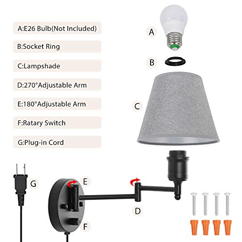 Plug in Wall Light Set of 2, Dimmable Wall Sconce, Swing Arm Wall Fixture with Gray Linen Lampshade, Modern Bedroom Wall Lights Fixtures,Bedside Reading Lamp
