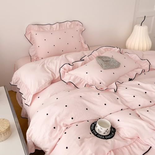 AMZTOP Queen Size Duvet Cover Set Pink Polka Dot,1 Duvet Cover with 2 Pillowcases,Cute Ruffled Comforter Cover with Corner Ties,3 Pcs Embroidery Aesthetic Coquette Bedding Set 90×90
