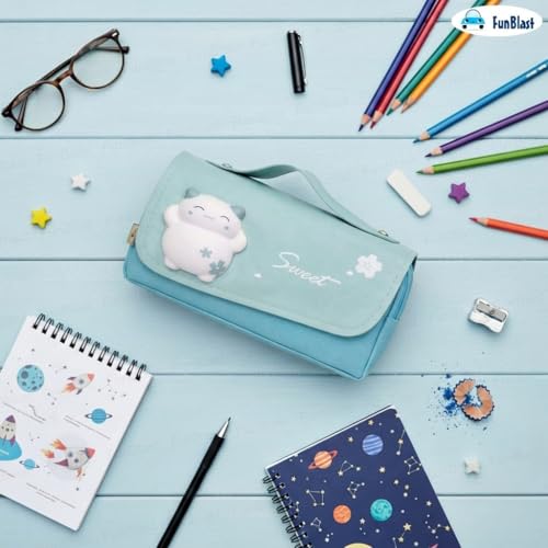 Image of FunBlast Multi-Purpose Pouch - Double Compartment Large Capacity Pouch - Happy Planet Zipper Pencil Case for Kids, Pencil Box for Kids, Stationary Pouch for Students School Supplies (Sky Blue-A)