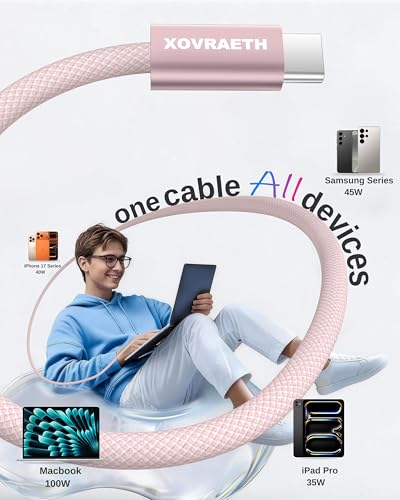 Image of USB C to USB C Cable, 10ft, 100W PD 5A Fast Charging Cord, Aluminum Connector & Nylon Braided Type C Charger Cord for iPhone 17 /16 /15, MacBook Air /Pro, iPad Pro, Samsung S25 /S24 /S23, Pixel 10(Pink)