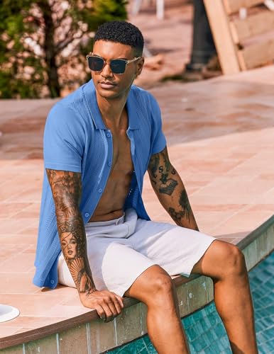 COOFANDY Mens Knit Short Sleeve Shirts Button Down Vintage Polo Shirt Casual Vacation Beach Shirts3