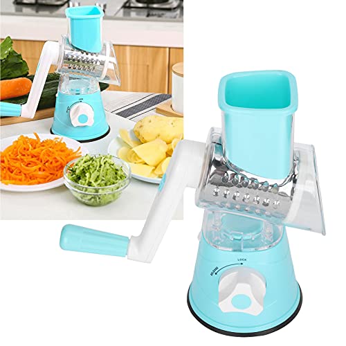 3 en 1 trituradora de queso rotativo, cortador de rallas de vegetales manuales con 3 cuchillas de tambor intercambiables y mango para frutas, pepino, nueces, nuez, chocolate, (blue)