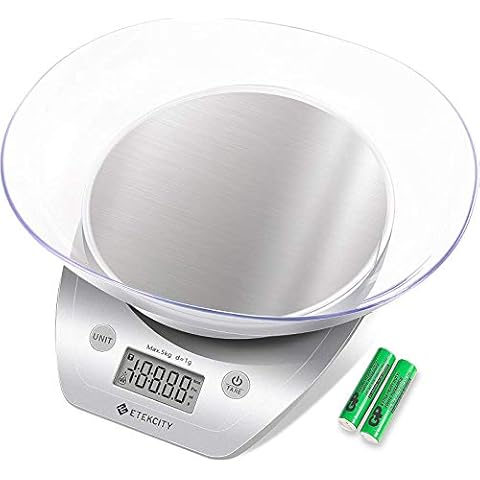 Etekcity Digital Kitchen Scales Electronic Scales with Removable Bowl, 5 kg/11 lb, Stainless Steel Kitchen Scale, Precise Scales up to 1 g with Large LCD Display and Tare Function, Silver Cover