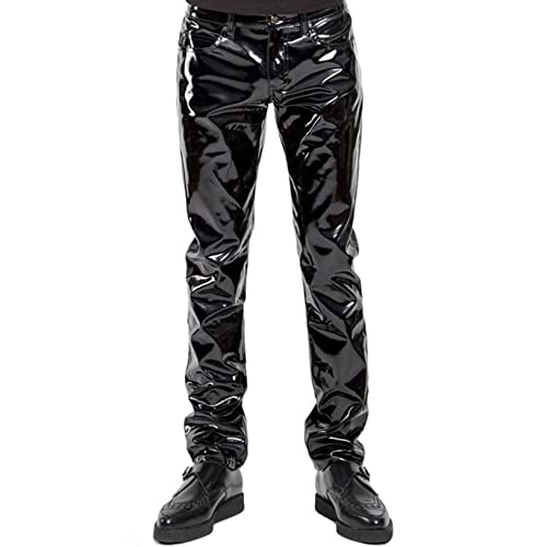 Men's Wet Look PVC Leather Pants Mid Waist Straight Long Trousers Gothic Leggings