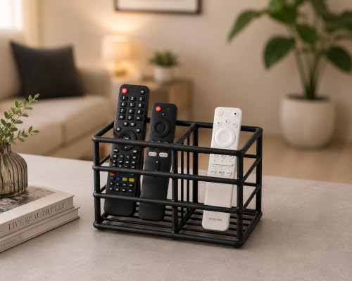 Image of Craft Mshopr Black Iron Remote Control Holder Rack, 2 Compartment TV Remote Organizer, Tabletop Remote Storage Stand for Living Room, Bedroom, Desk & Bedside, 6.75 x 3.25 x 4.5 Inches